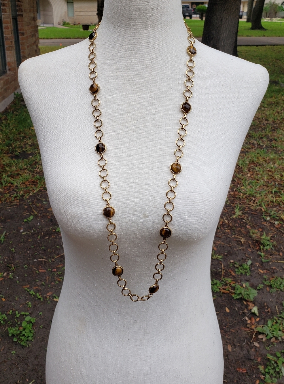 Long Gold-Tone Chain Necklace with Tiger Eye  Beaded Accents